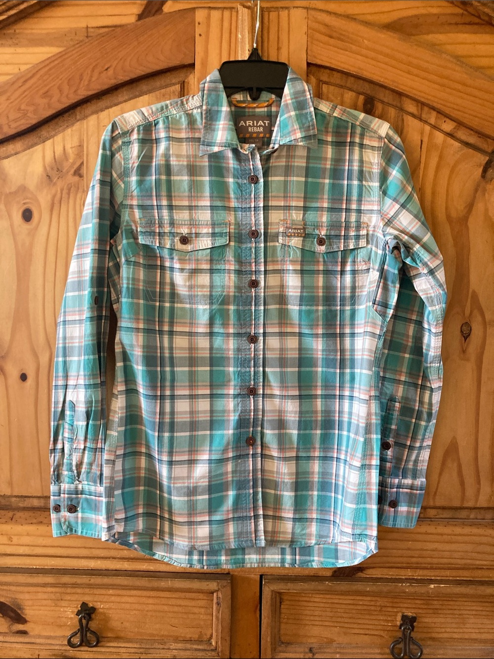 Women Ariat Rebar green orange plaid long sleeve button down shirt size XS